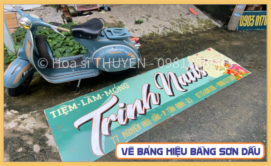 vẽ bảng hiệu bằng tay, bảng hiệu vẽ bằng sơn dầu, vẽ bảng hiệu