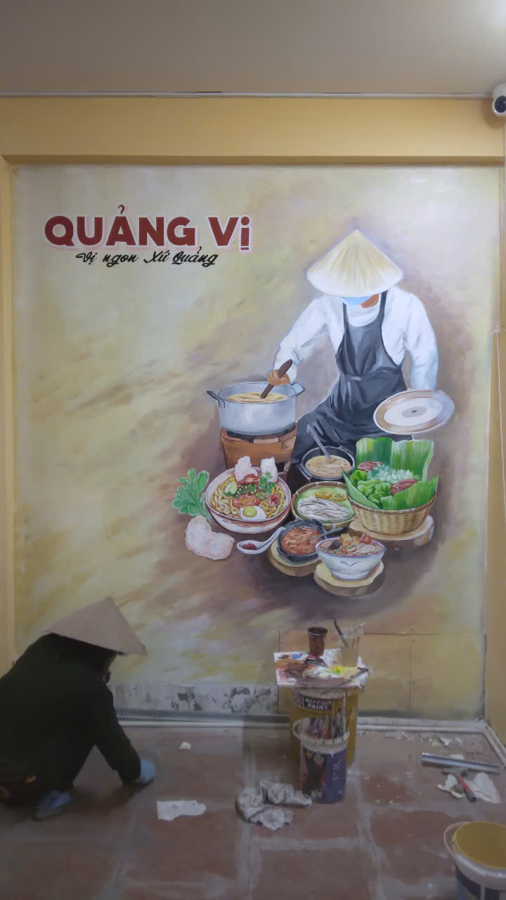tranh tường ẩm thực mì quảng vẽ tay trang trí quán ăn