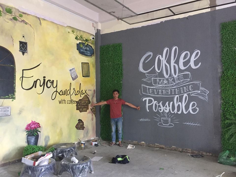 tranh vẽ tường cafe phong cách mộc
