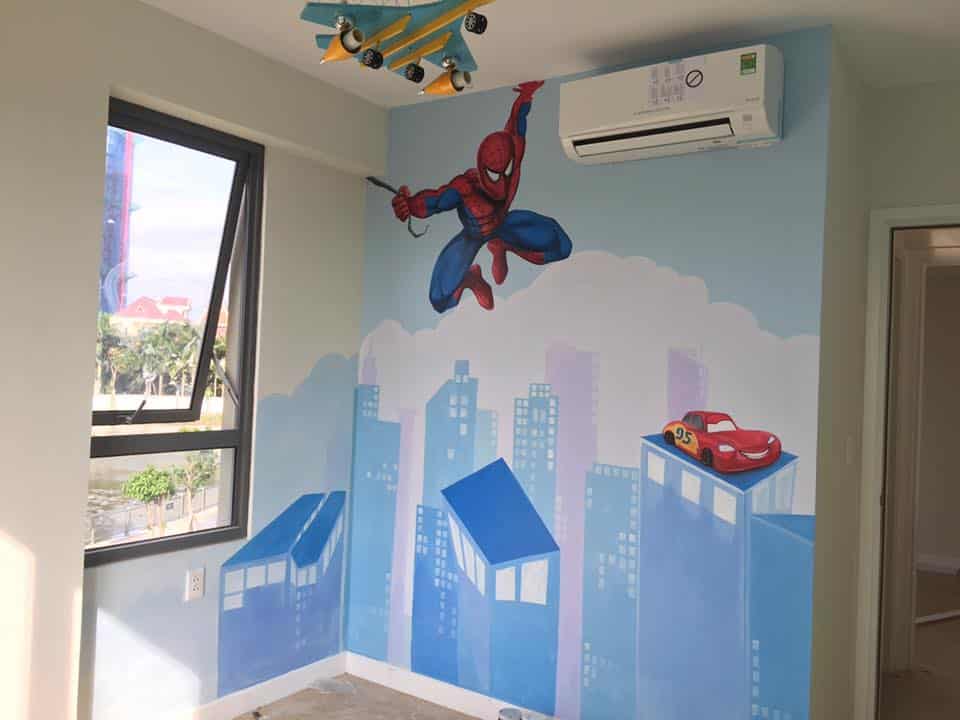 Vẽ tranh tường em bé phòng ngủ spiderman